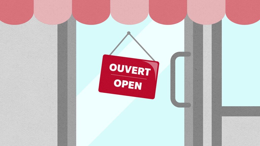illustration of storefront with open sign hanging in the window