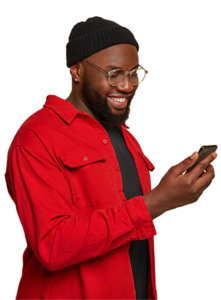 Smiling guy looking at his smartphone