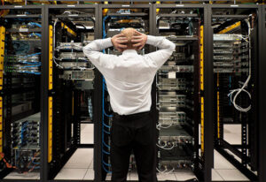 Man standing in front of networked servers holding his head.