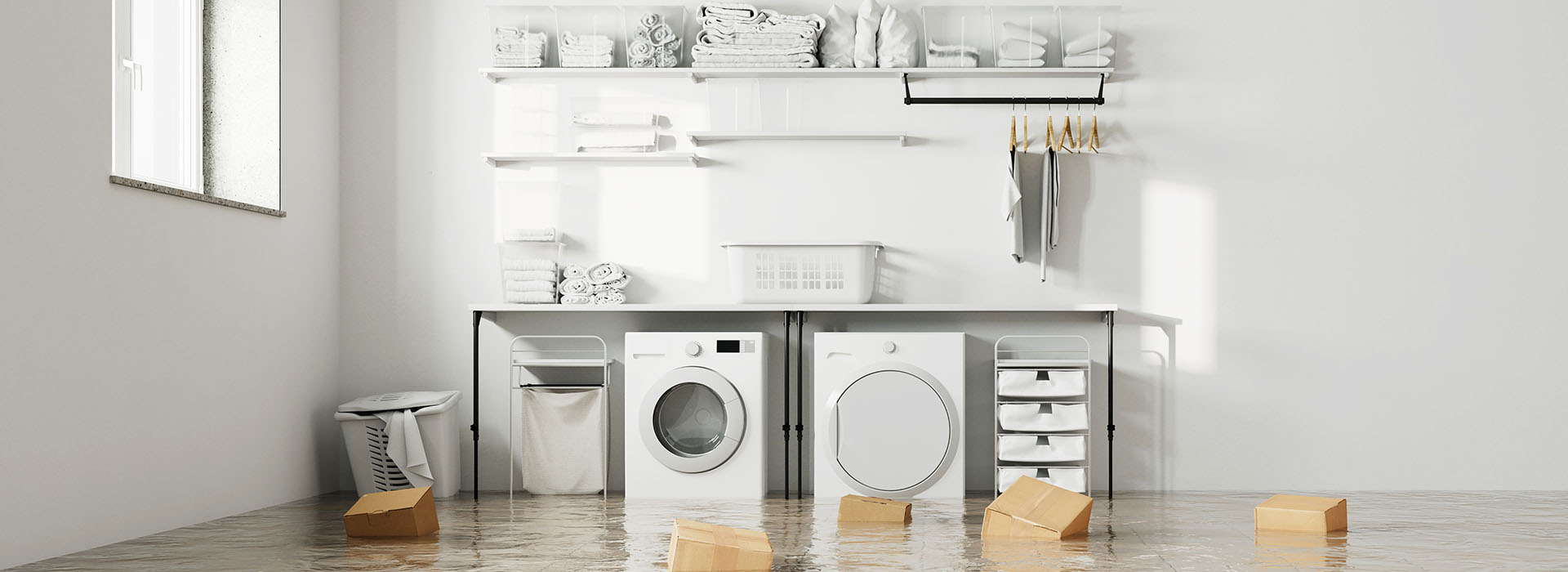 All-white flooded basement laundry room with boxes floating around washer and dryer