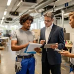 Workers and insurance broker going through reports and using touchpad in a factory