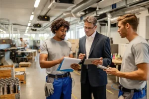Workers and insurance broker going through reports and using touchpad in a factory