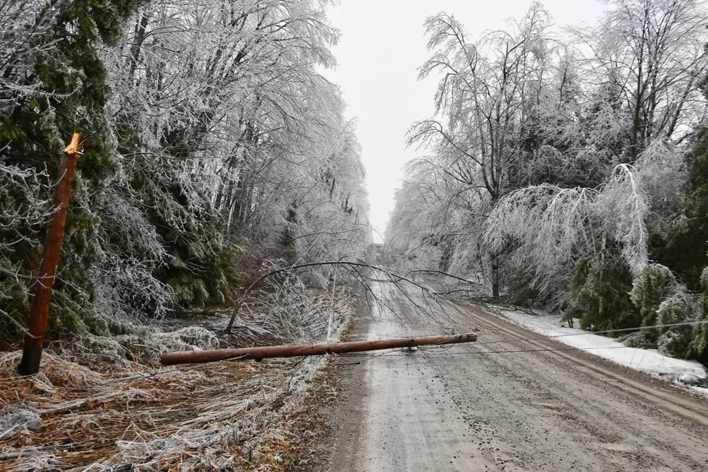 downed hydro pole after an ice storm on a rural road