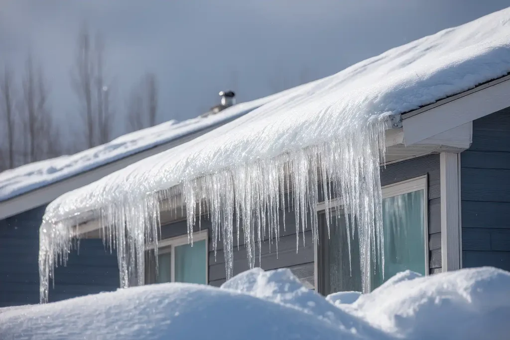 Ice Dam On Roof. Elevated View of Icicles and Snow on Building Eaves