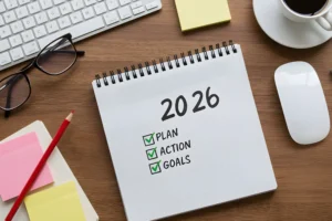 Business office desk with notebook written about plan listing of new year goals and resolutions