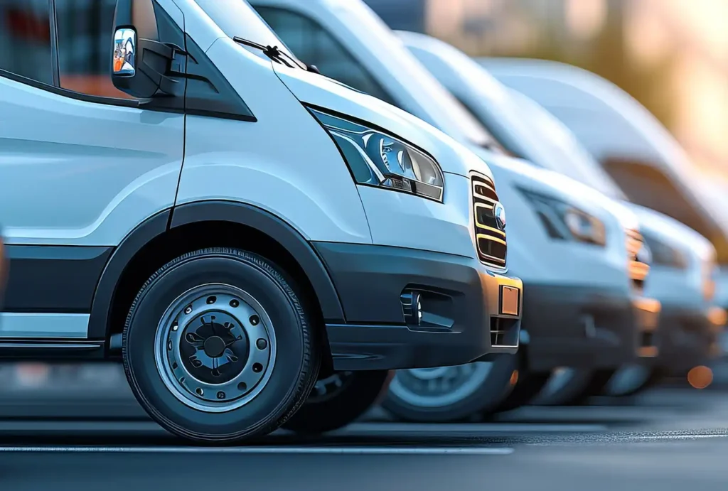 Neatly parked white delivery vans for a transporting service company
