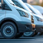 Neatly parked white delivery vans for a transporting service company