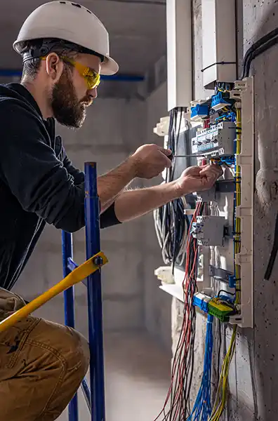 A male electrician works in a switchboard with an electrical connecting cable.